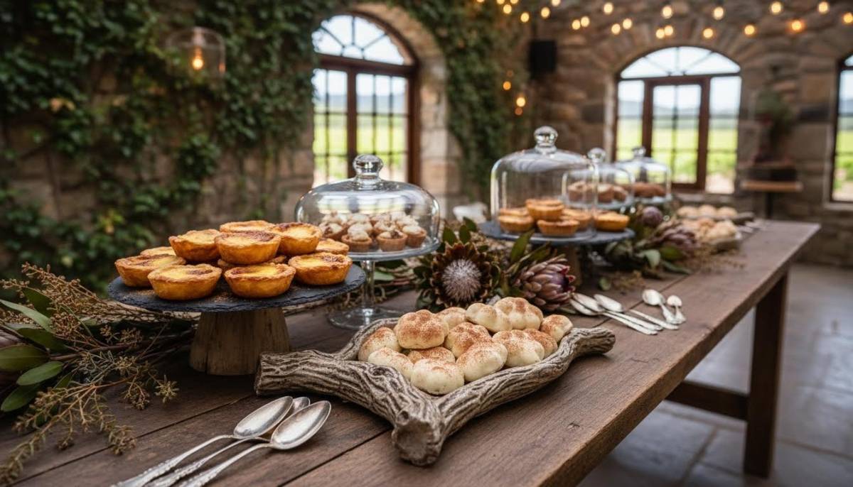 Mini milk tart and teddy paw dessert display in a Stellenbosch venue with warm rustic lighting.
