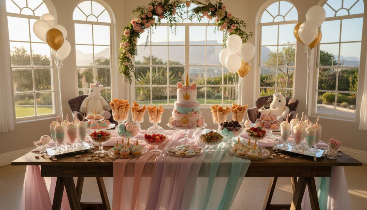 Unicorn ice cream parlour dessert table with pastel styling in a Cape Town baby shower venue.