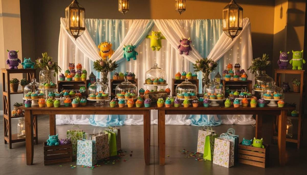 Monster cupcake bar with colourful icing in a Durban baby shower venue.