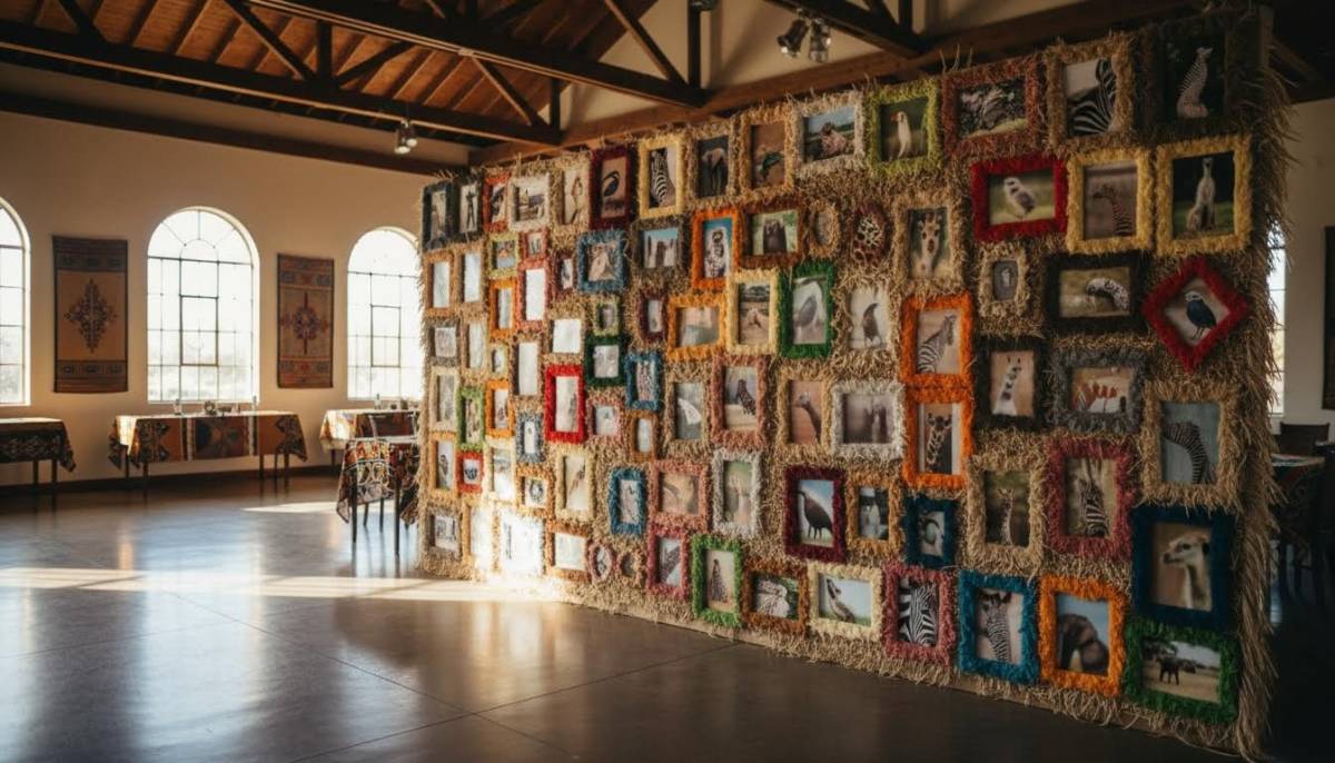 Fuzzy creature photo wall in a South African party hall.