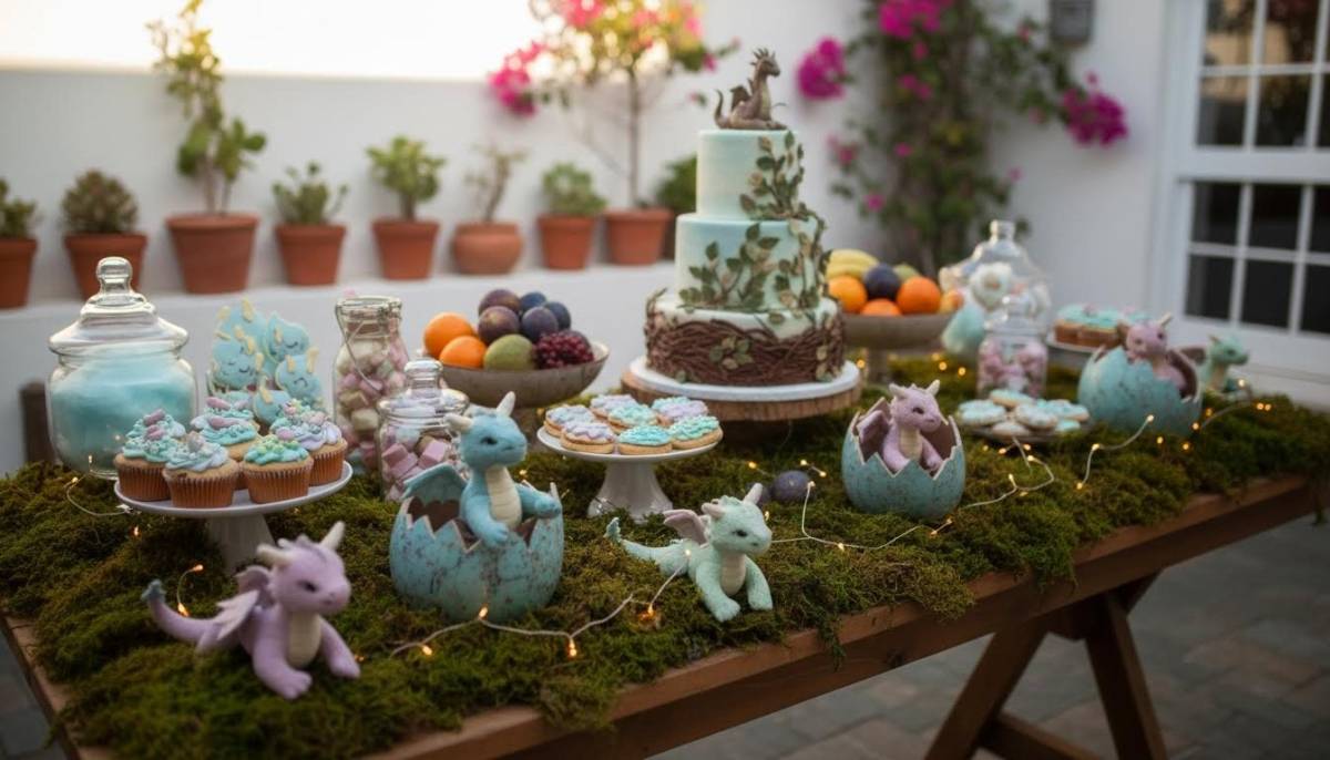 Baby dragon hatchery dessert table in a Cape Town courtyard.
