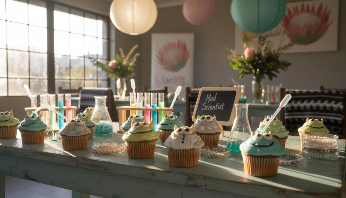 Cute monster cupcake lab table with colourful toppings and soft afternoon light.