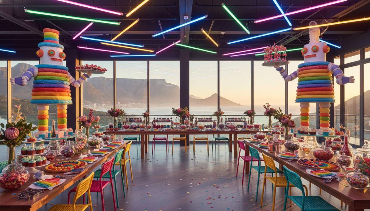 Rainbow robot dessert workshop with metallic treats and neon lighting.