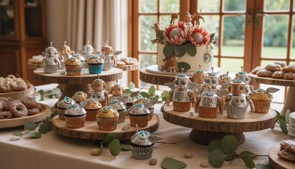 Metallic robot cupcakes on a dessert table.