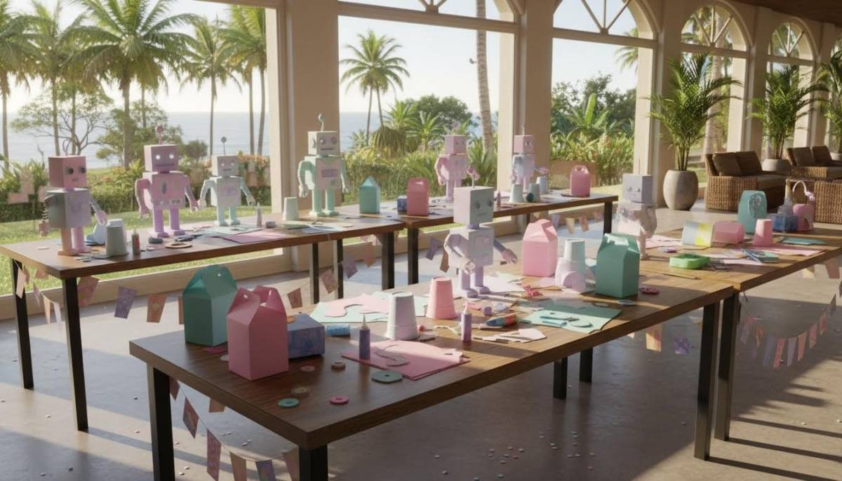 Pastel robot craft station with supplies laid out neatly.