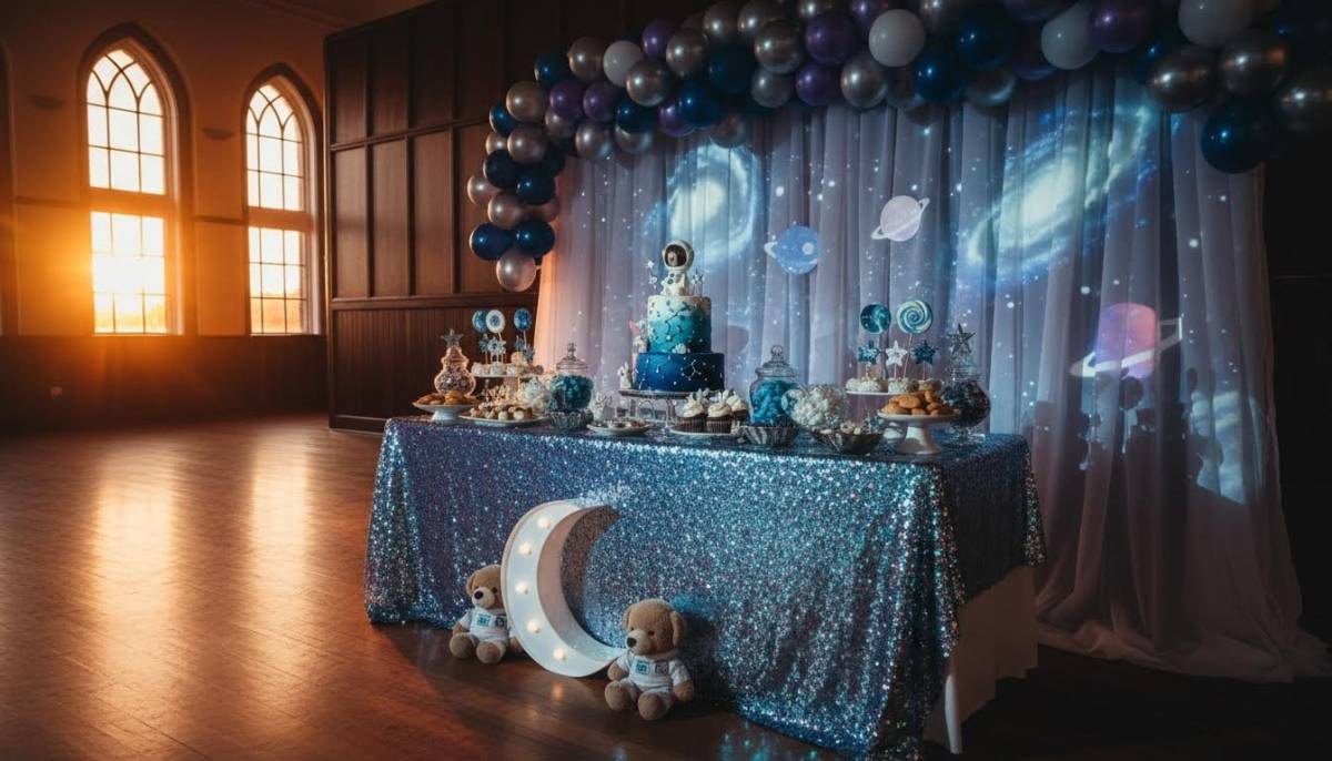 Space puppy baby shower dessert table in a Cape Town community hall