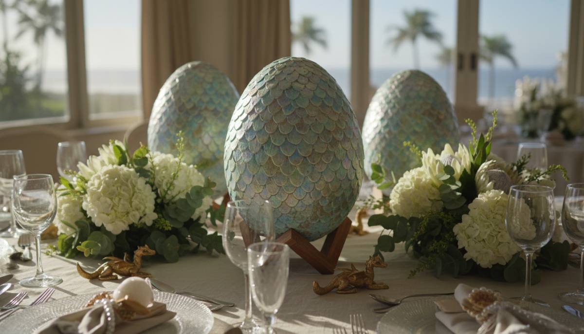 Speckled dragon egg centrepieces on a Durban baby shower table.