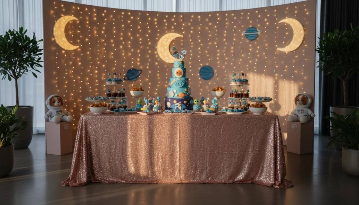 Space puppy dessert table with astronaut dog props and soft lighting
