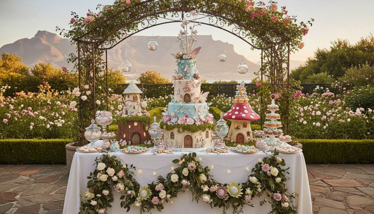 Fairy bakery dessert display with giant cake props on a patio