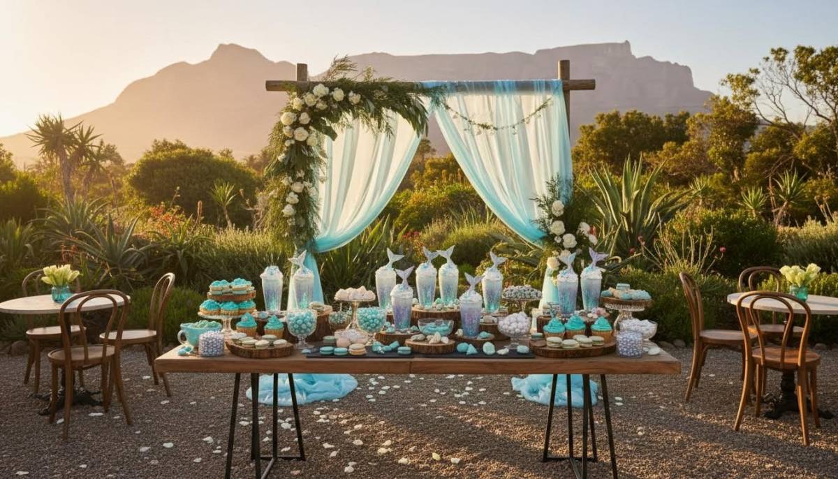 Mermaid milkshake dessert table with pastel drinks and shell decor in a Cape Town garden venue.