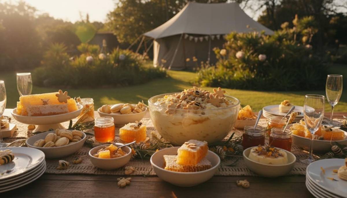 Baby bee honey dessert spread with yellow flowers and honeycomb decor in a Pretoria garden.