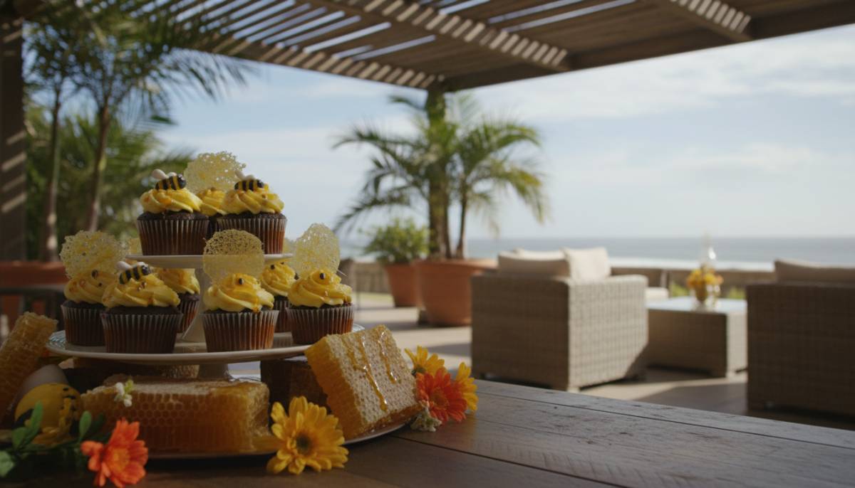 Bee themed cupcakes with honeycomb props on a shaded Durban patio.