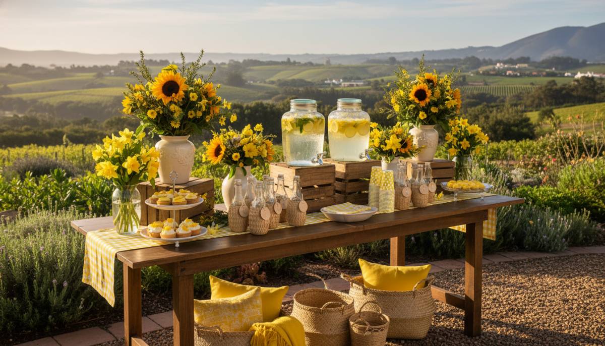 Yellow floral drink station for a bee themed baby shower in a Stellenbosch garden.