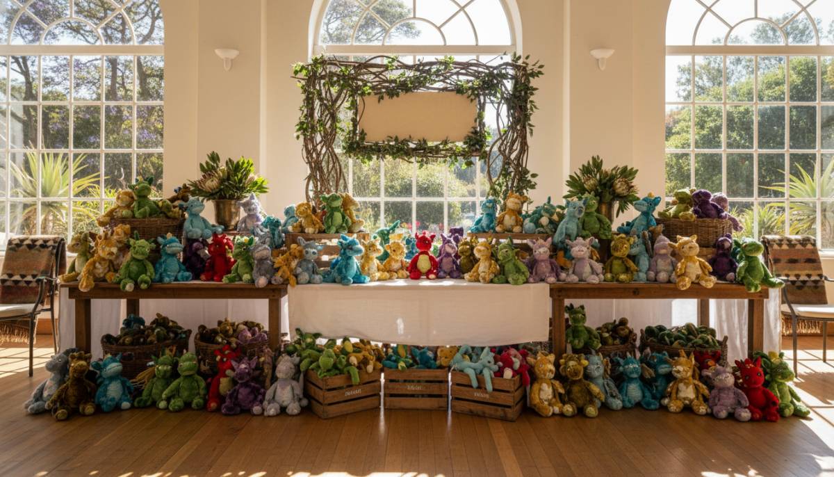 Adopt a dragon station with plush toys in a Pretoria venue.