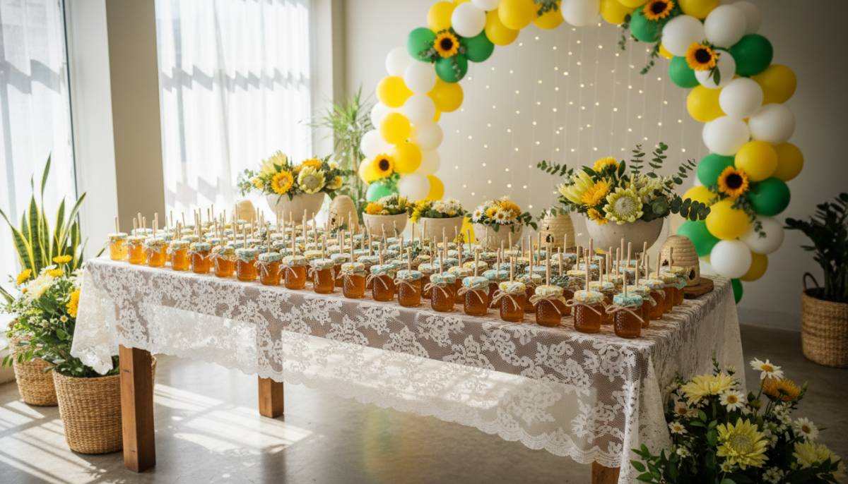 Honey jar favour table at a Pretoria baby shower.
