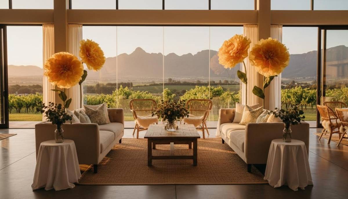 Giant yellow paper flowers beside baby shower seating in a Stellenbosch venue.
