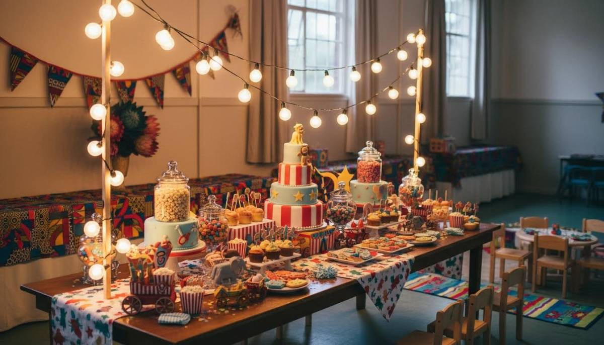 Baby circus sweet carnival table in a Cape Town community hall with warm festoon lighting