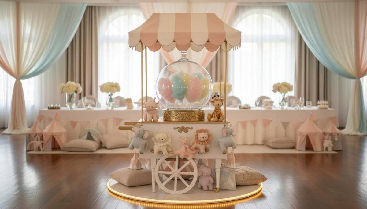 Candy floss cart with soft baby circus decor in a Sandton function room with gentle uplighting