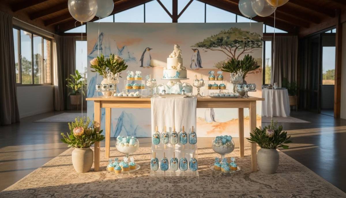 Penguin themed popsicle dessert table in a Johannesburg baby shower venue.