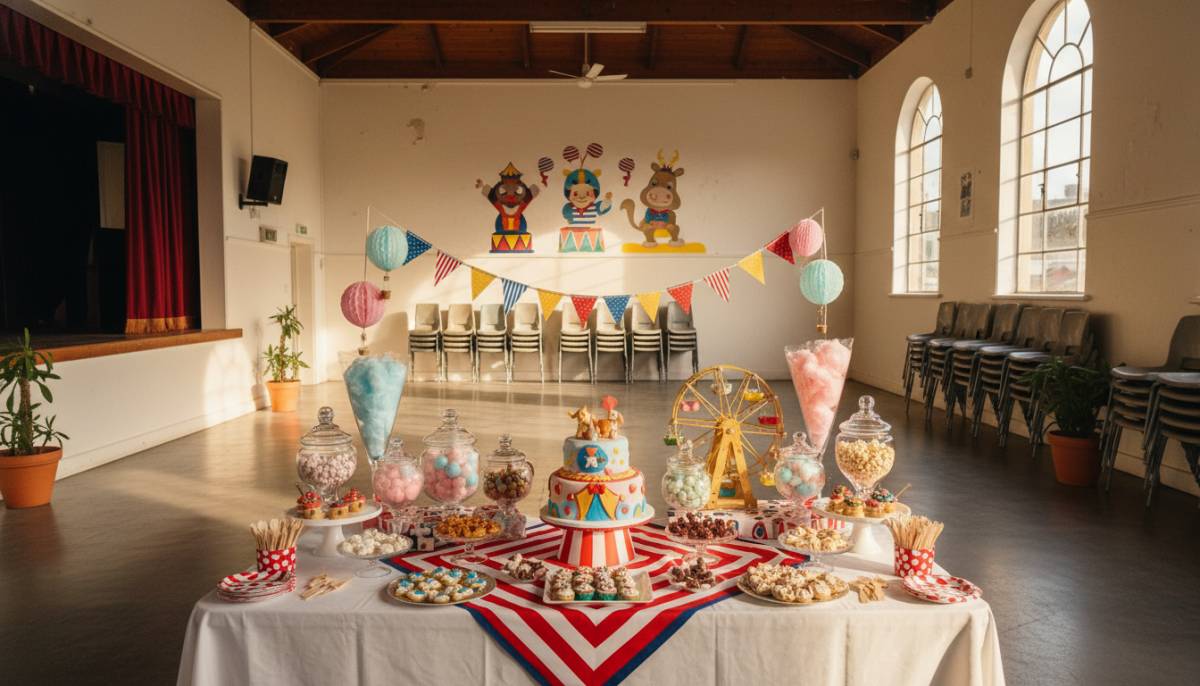 Baby circus sweet carnival dessert setup in a Cape Town community hall.