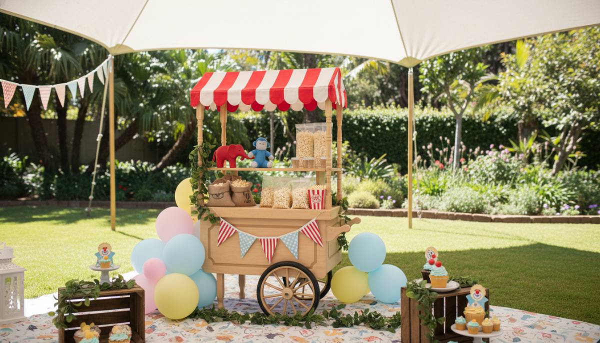 Mini popcorn cart at a baby circus shower in a Durban garden venue.