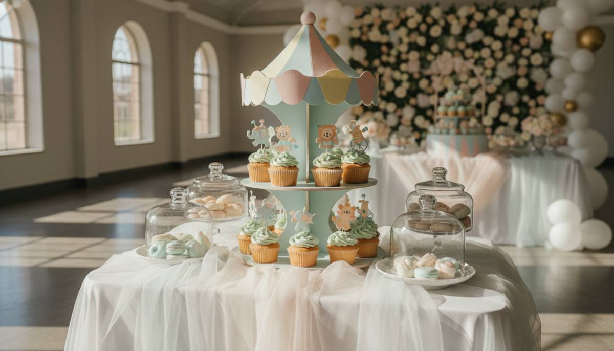 Pastel circus cupcake stand in a Pretoria baby shower hall.