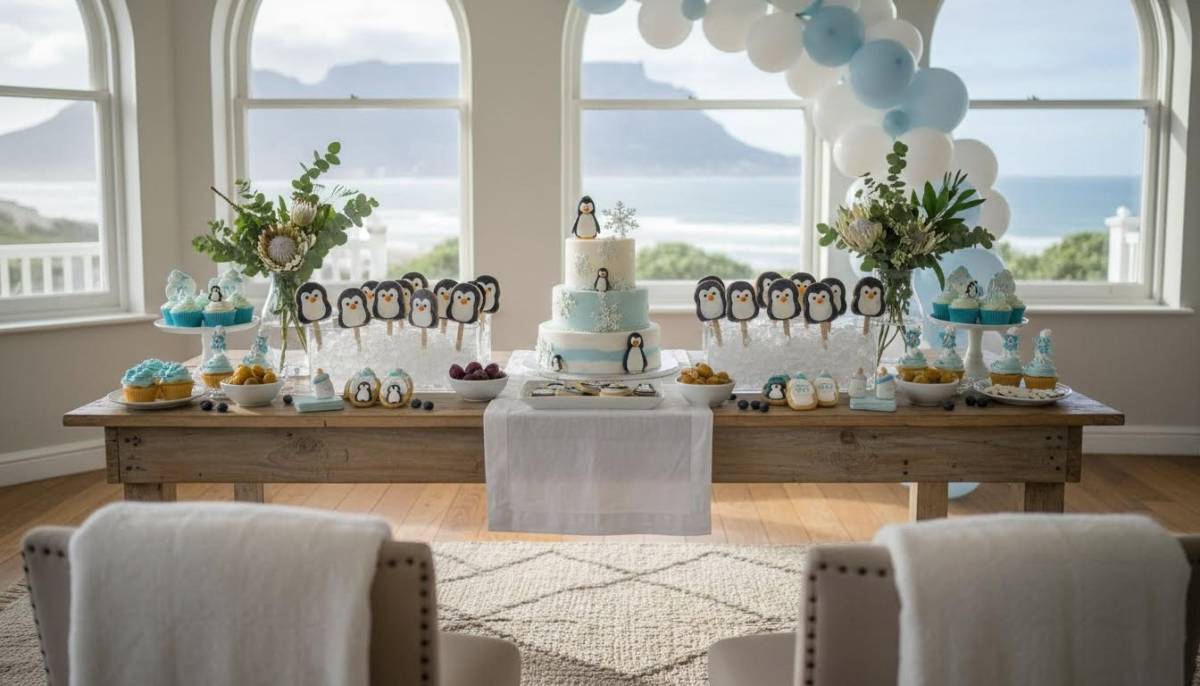 Penguin popsicle dessert table with icy blue styling in a Cape Town baby shower venue.