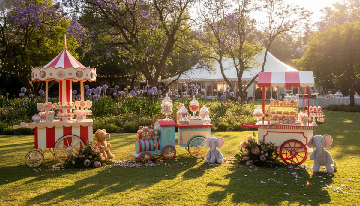 Baby circus sweet carnival dessert carts in a Johannesburg garden venue.