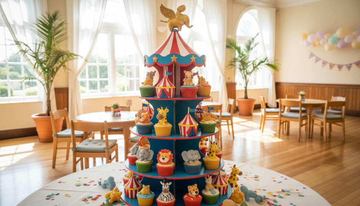 Circus cupcake stand at a Durban baby shower hall.