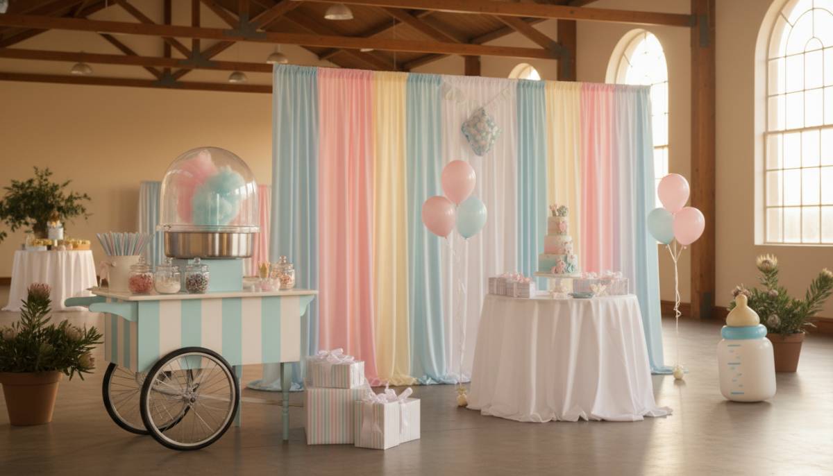Candy floss cart beside striped baby shower decor in Pretoria.