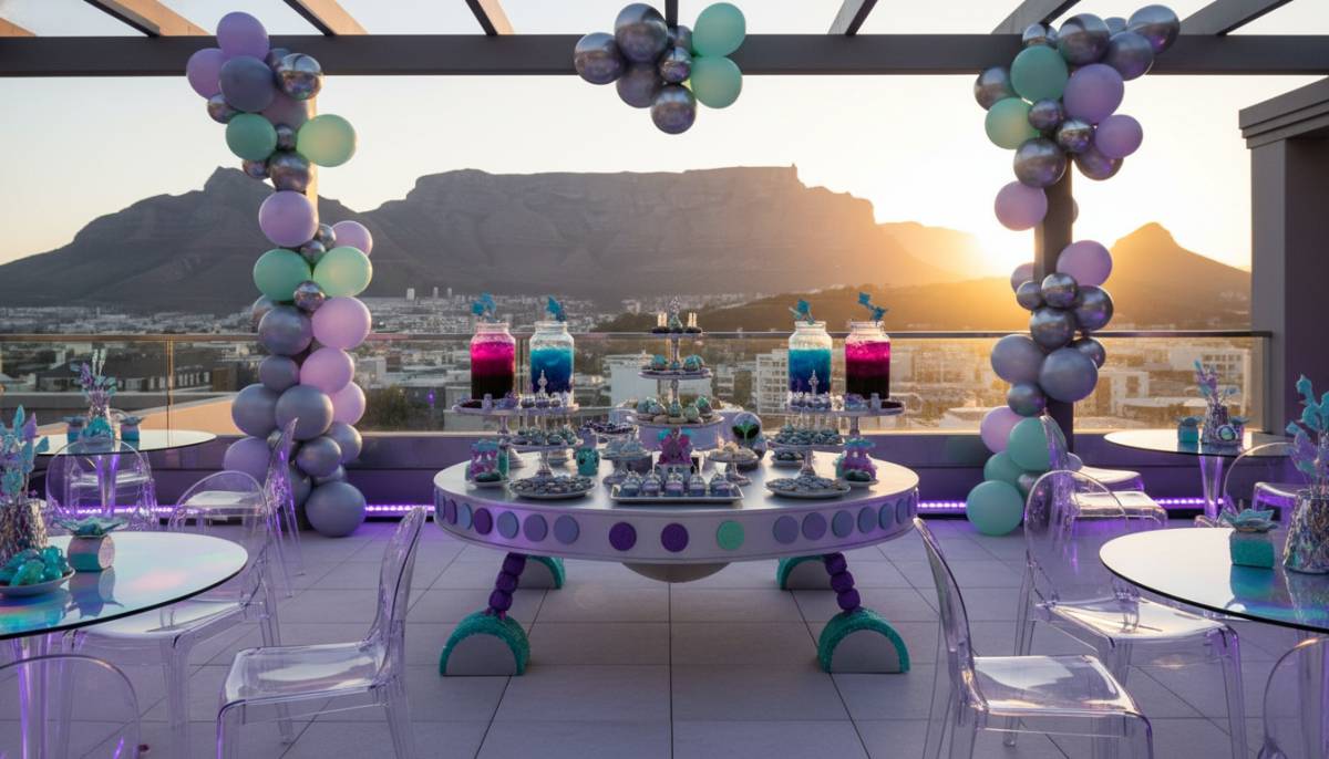 Tiny alien dessert landing zone with violet uplighting in a Cape Town venue.