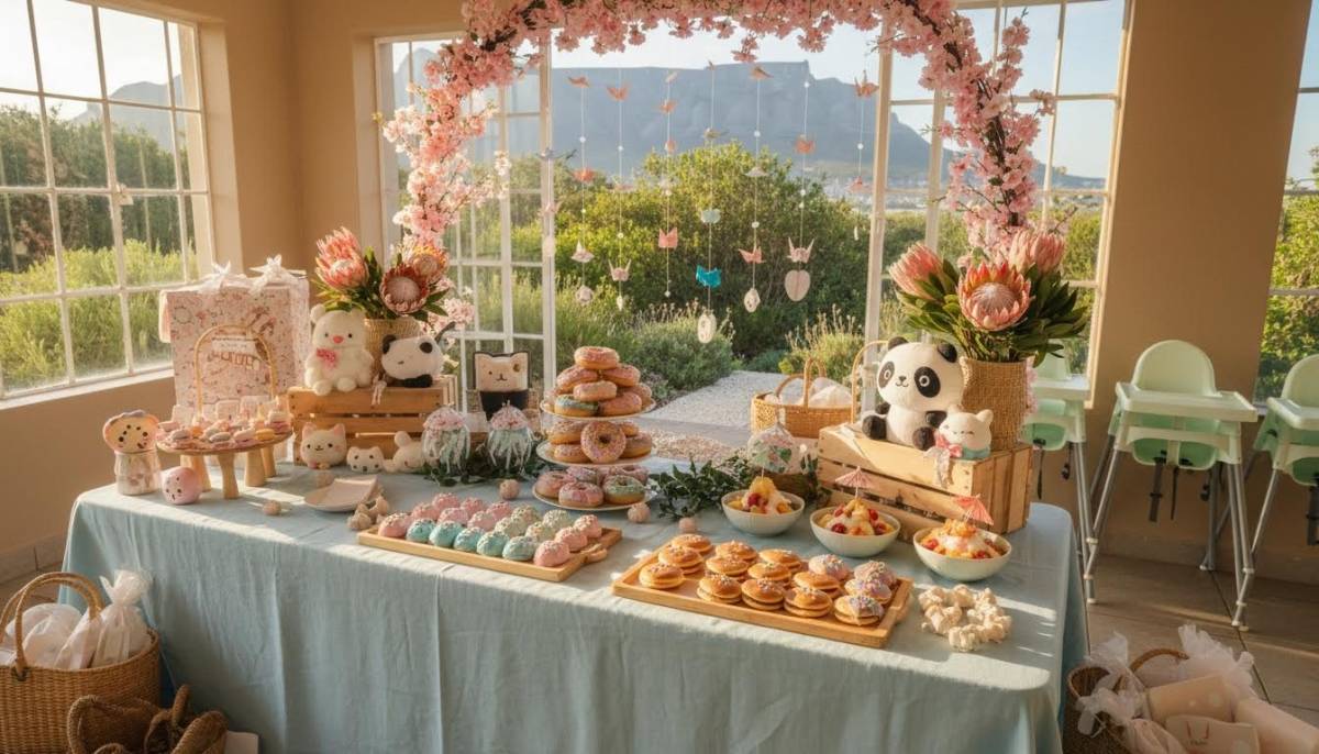 Kawaii Japan street market dessert table in a Cape Town baby shower venue