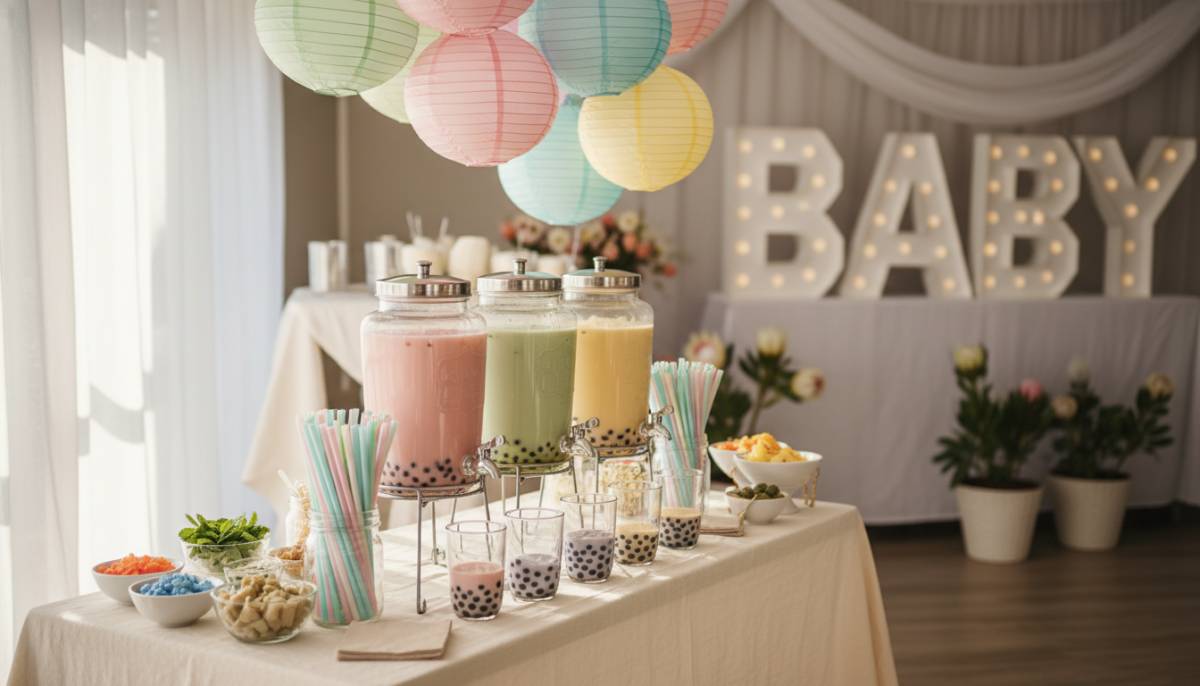 Pastel bubble tea station with paper lanterns at a Johannesburg baby shower