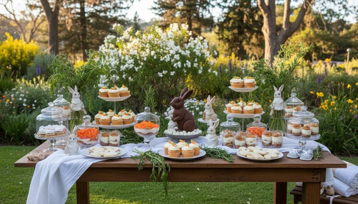 Rabbit garden dessert table with carrot cupcakes at a Stellenbosch baby shower