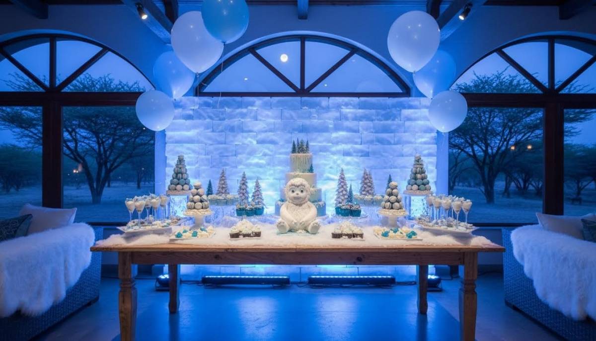Baby yeti snow dessert table in a Johannesburg clubhouse with soft blue lighting
