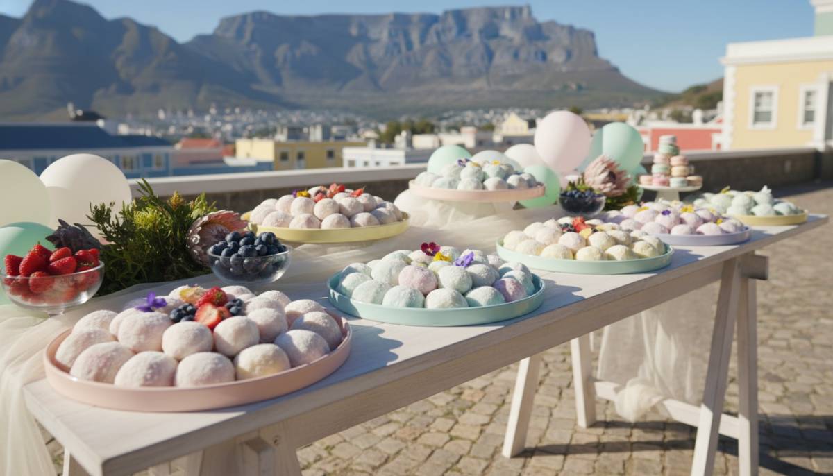 Mochi dessert trays on a pastel baby shower market table in Cape Town daylight
