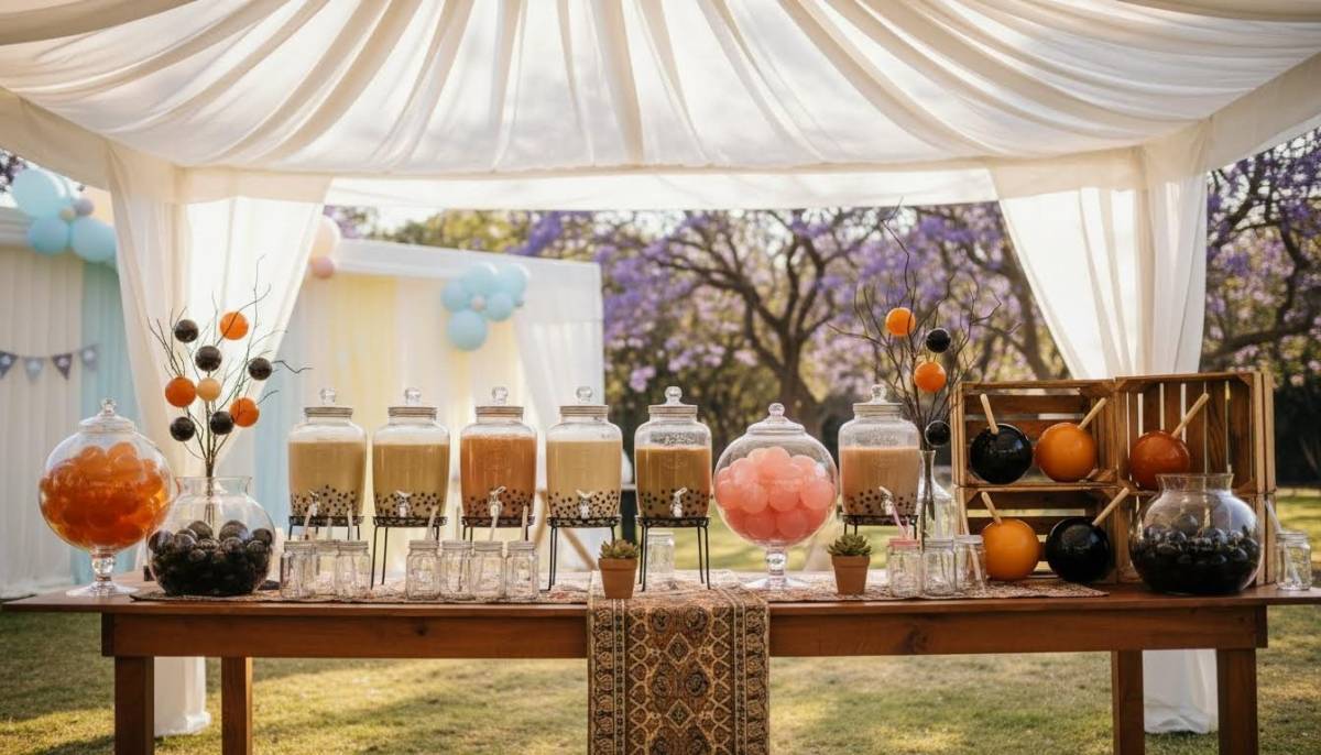 Bubble tea station with oversized boba props at a Pretoria baby shower in soft light