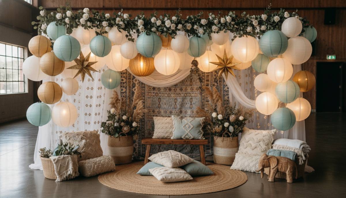 Paper lantern photo corner at a South African hall baby shower with warm lighting
