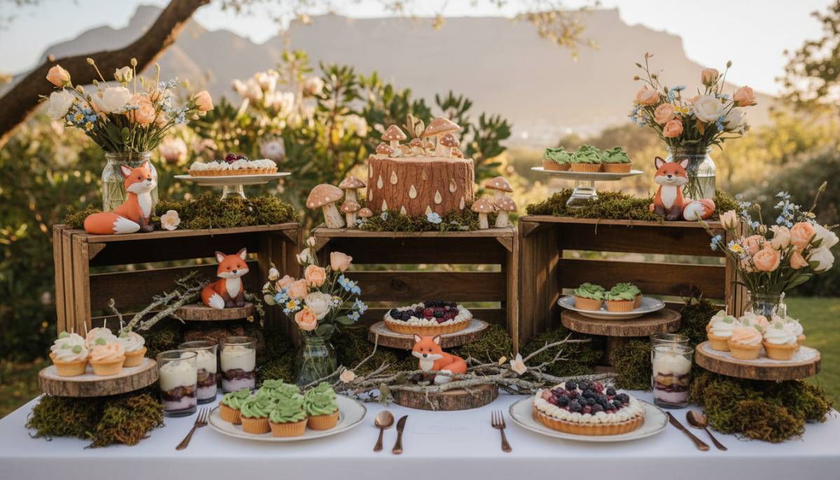 Baby fox woodland cafe dessert table in a Cape Town garden venue with soft afternoon light