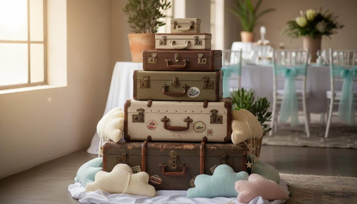 Vintage luggage stack and pastel cloud props at a Pretoria baby shower with window light