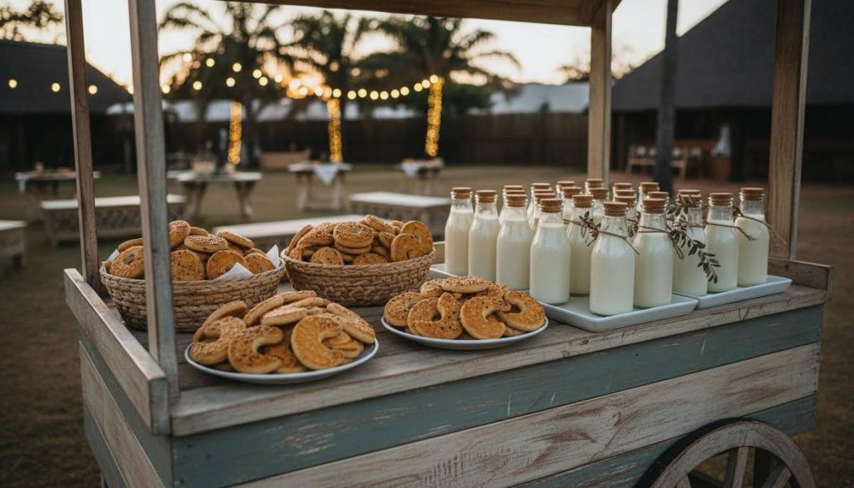 Snack cart with moon biscuits and milk bottles in a Durban venue with soft evening light