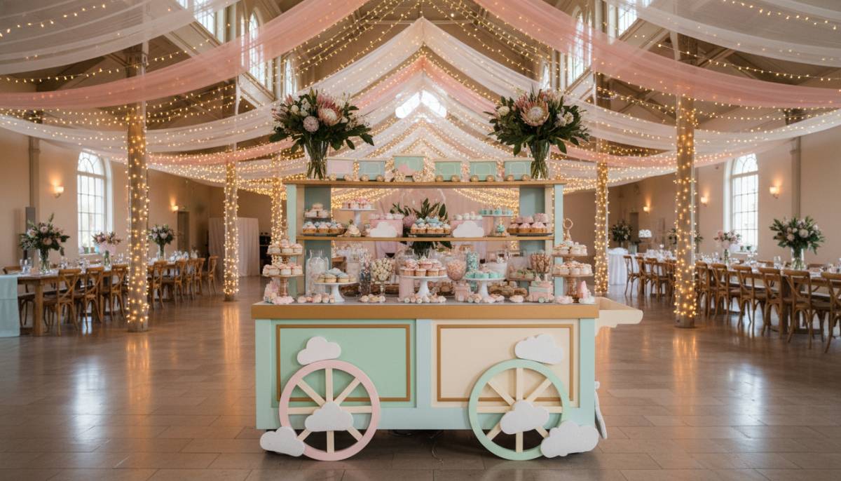 Pastel dreamland train snack cart in a Stellenbosch hall with warm fairy lights