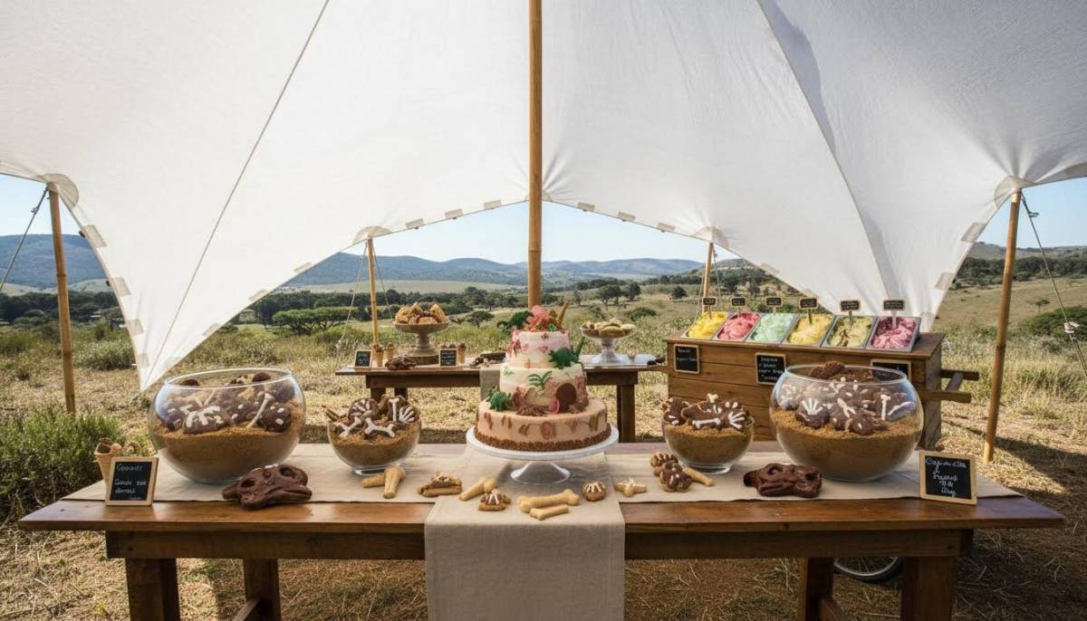 Dinosaur ice cream dig dessert table in a Johannesburg garden