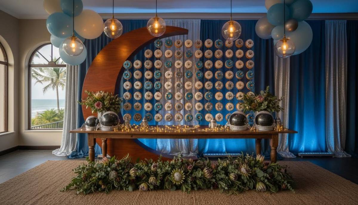 Moon doughnut wall for astronaut baby shower