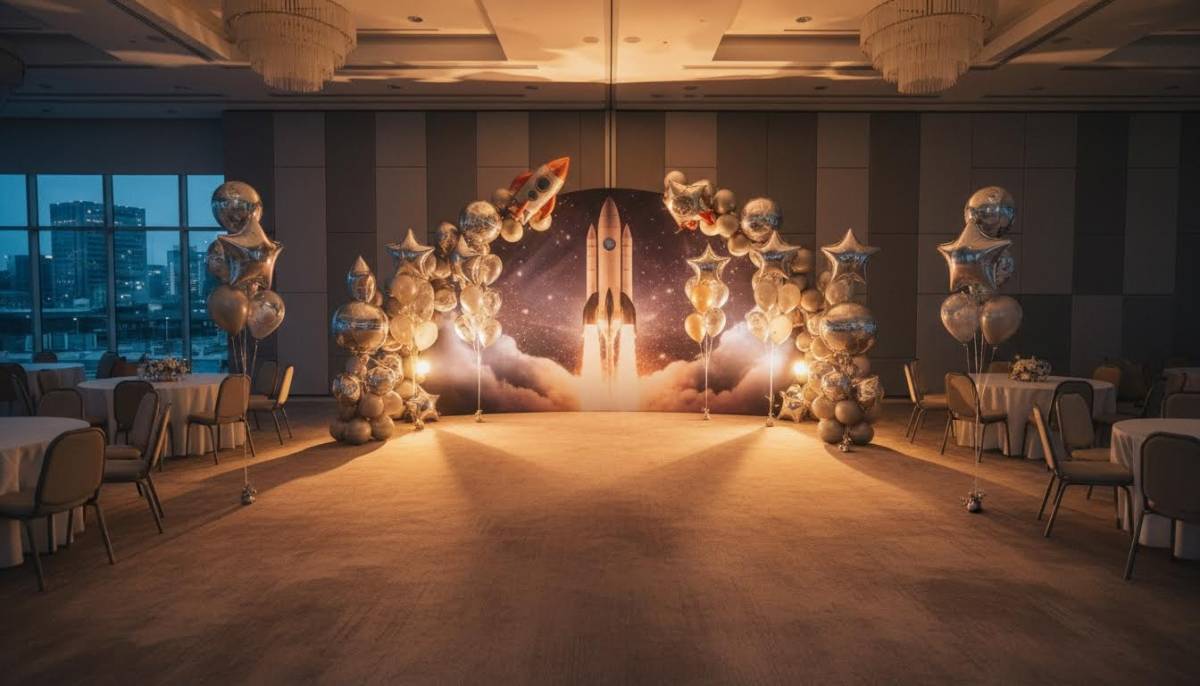 Rocket backdrop with metallic balloons