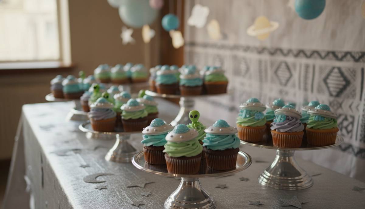 UFO cupcakes on a silver baby shower table in Durban indoor lighting.