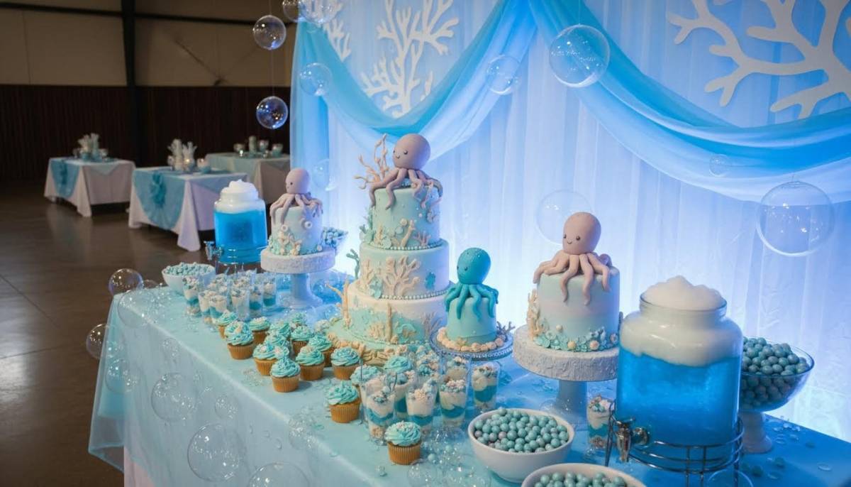 Baby octopus themed dessert reef in a community hall with blue light.