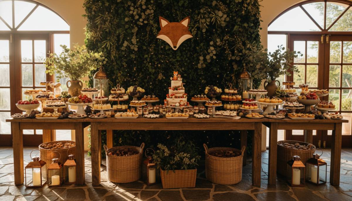 Baby Fox Woodland Café dessert table with woodland pastries and fox details