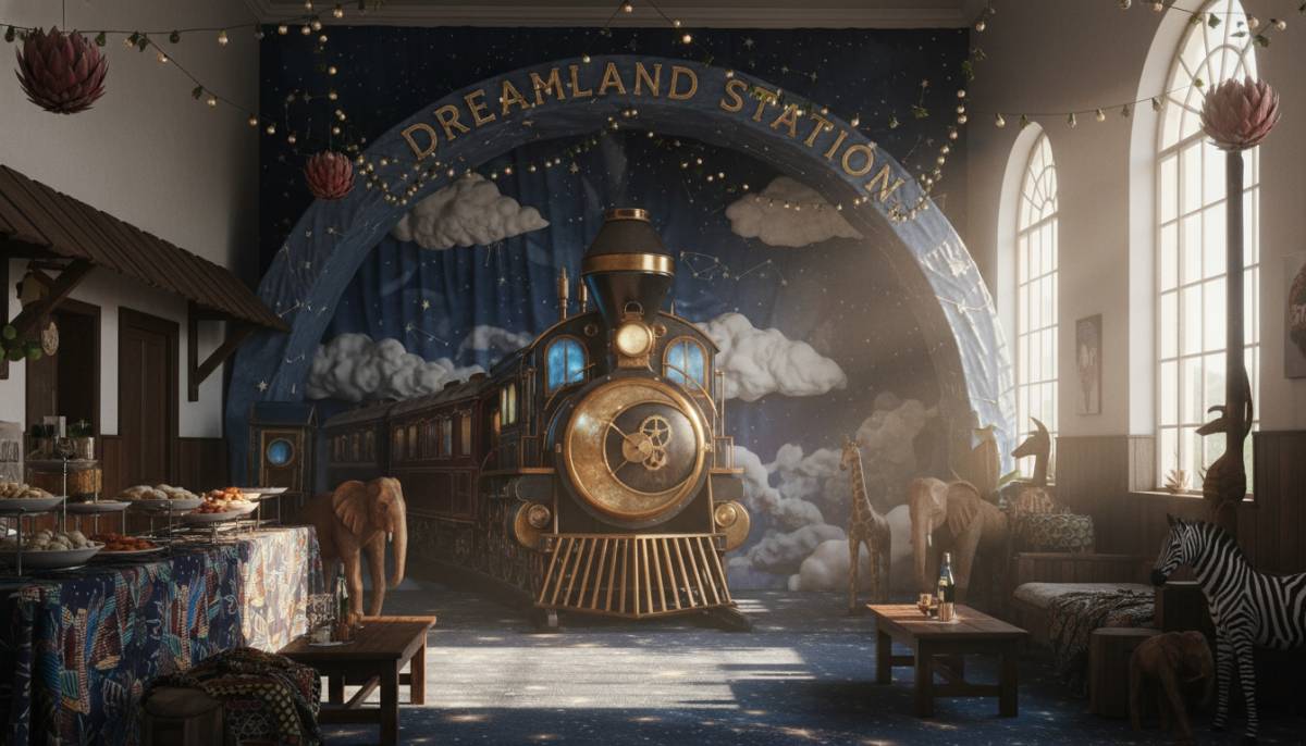 Magical Train to Dreamland station backdrop with luggage stacks and soft clouds
