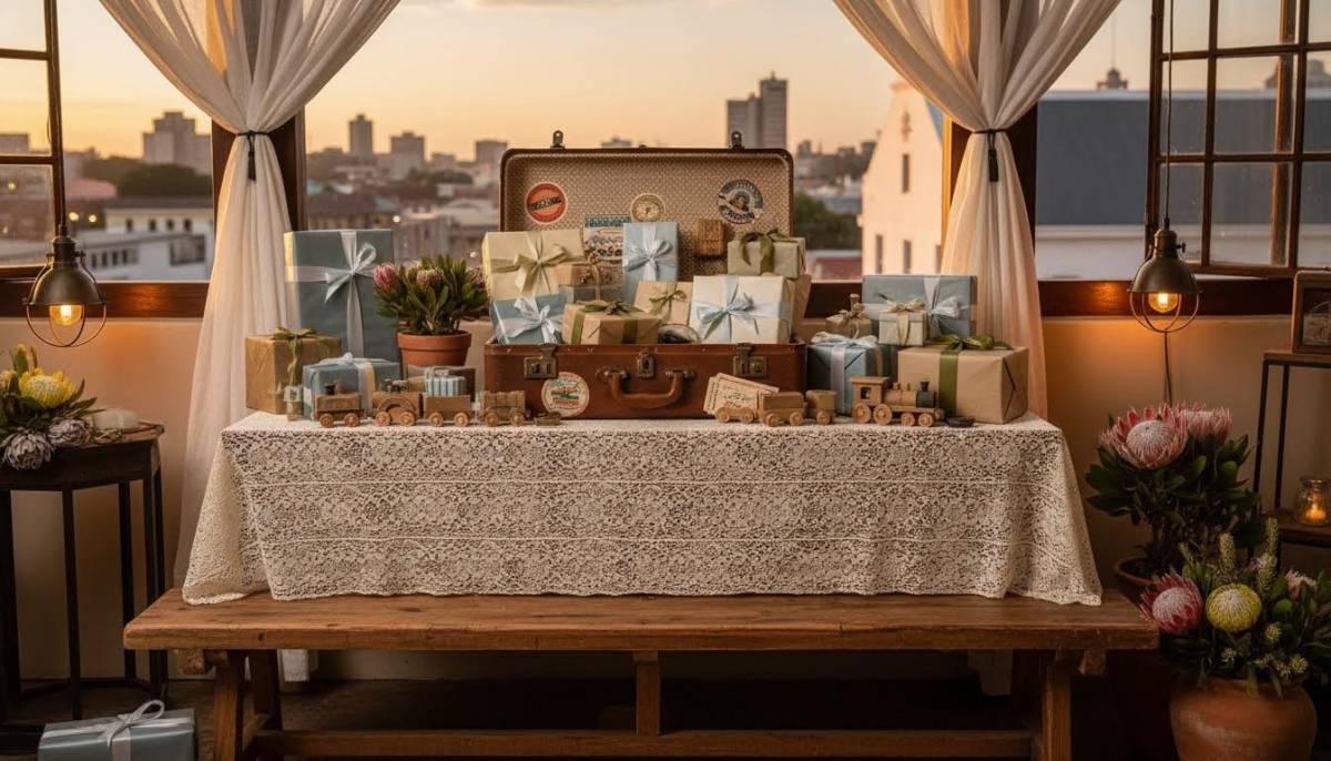 Vintage suitcase gift table with train-themed baby shower styling